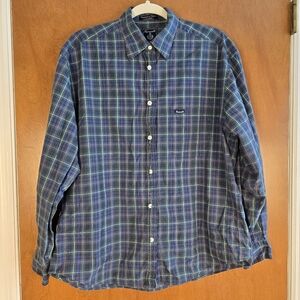 Faconnable Shirt Mens Large Blue Plaid Cotton Button Down Collar Made USA